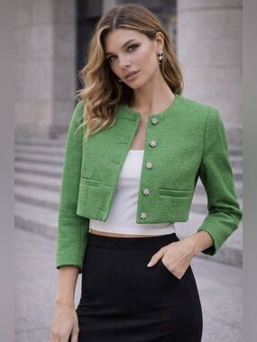 💚 NWT! ZARA Green Textured Weave Cropped Jeweled Jacket